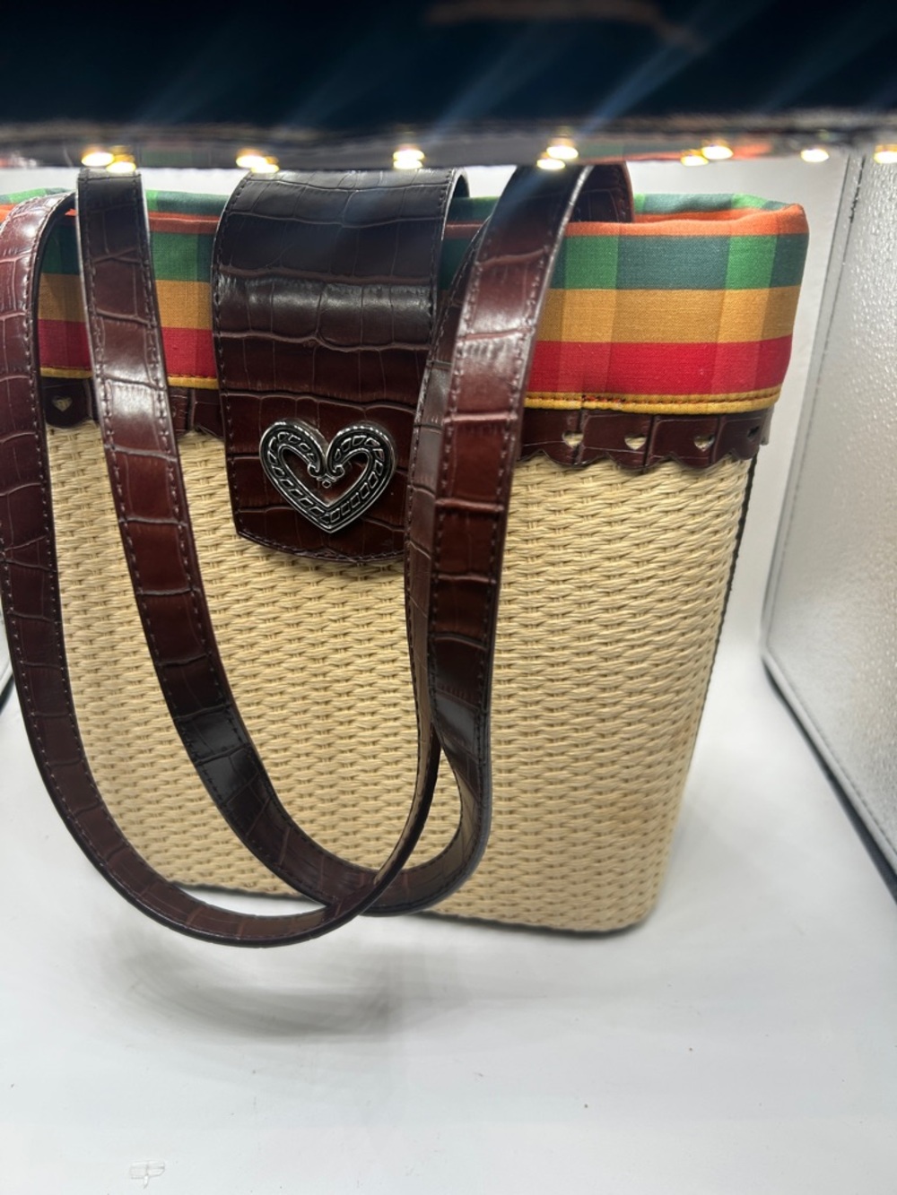Brighton Brown Croc-Texture Straw Tote with Multicolor Stripe Trim